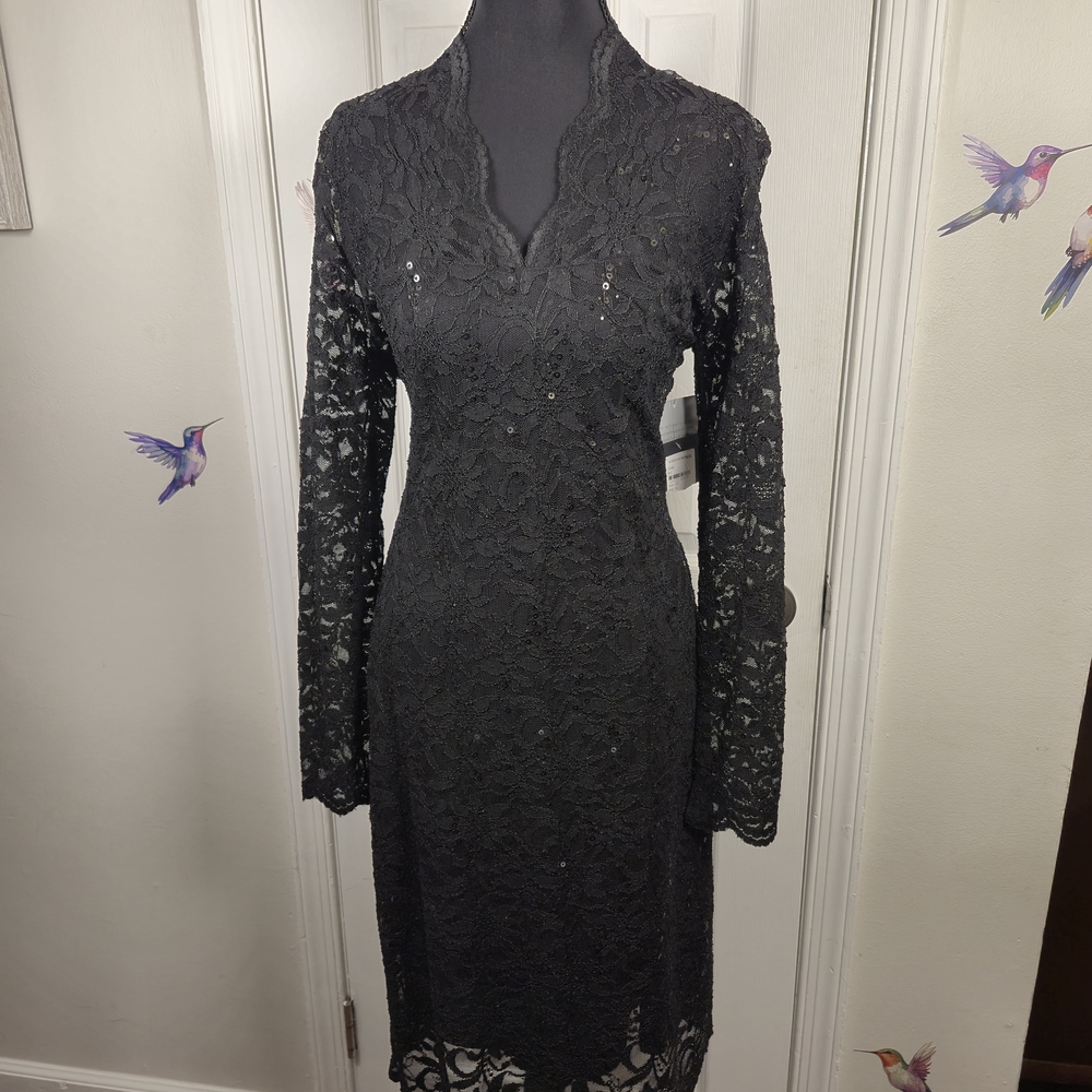 MARINA Black Long Sleeve Lace Sheath Dress